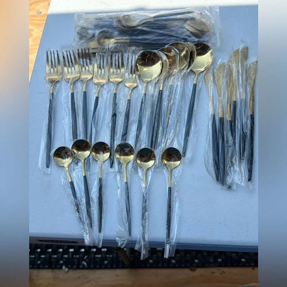 12 place setting Elegant Gold and Black Cutlery Set